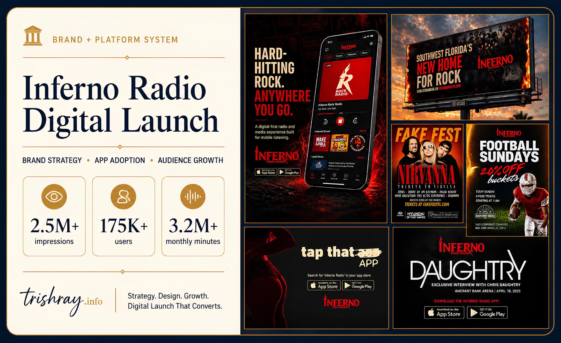 Inferno Radio Digital Launch case study card showing brand, app, and audience growth work.
