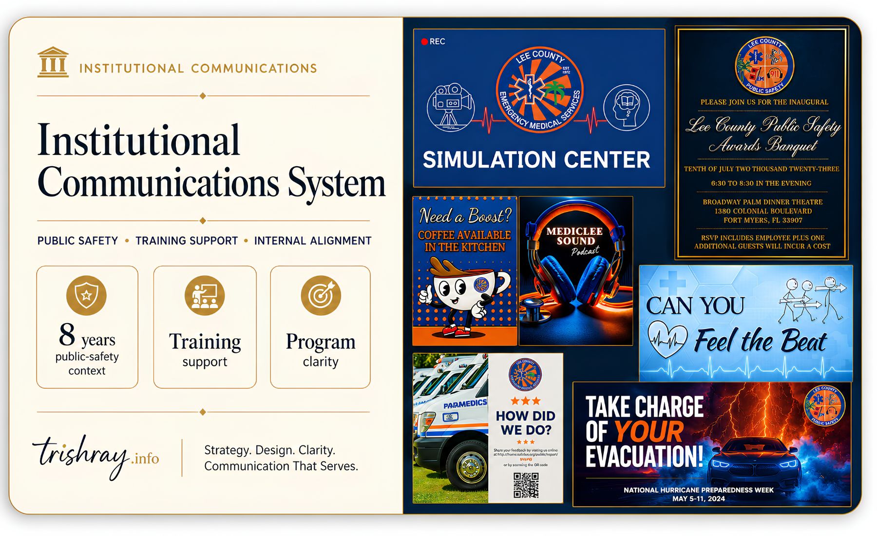 Institutional Communications System case study card showing training and internal communications materials.